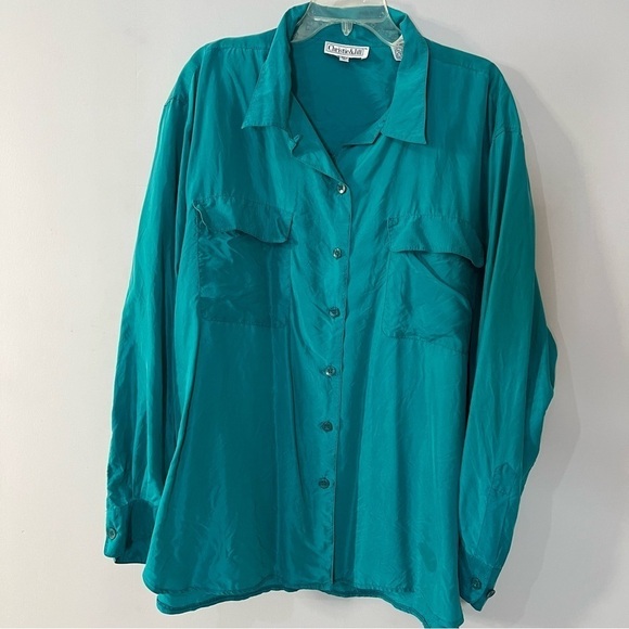 Vintage Silk Plus Size Blouse Teal Blue Button Top Career Business Office Jewel - Picture 6 of 11
